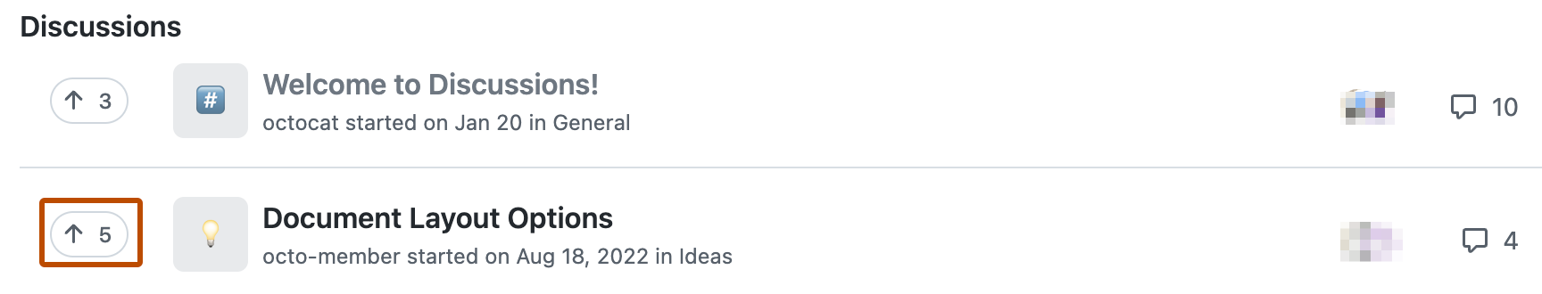 Captura de pantalla de la lista de debate. Un botón, etiquetado con una flecha hacia arriba y un "5", se destaca en naranja oscuro.