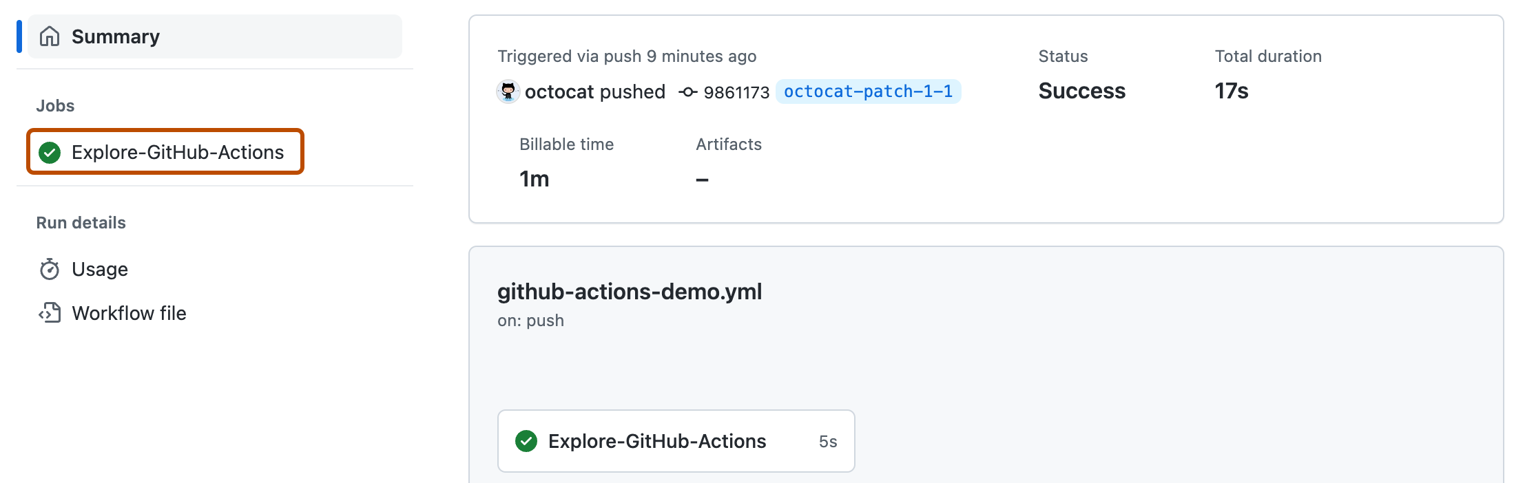 Capture d’écran de la page « Exécution du workflow ». Dans la barre latérale gauche, la tâche « Explorer-GitHub-Actions » est mise en surbrillance avec un contour orange foncé.