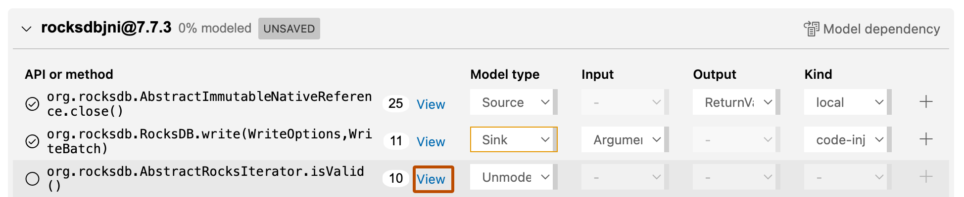 Screenshot of "Application mode" showing the calls to the "rocksdbjni" framework. The "View" option for the first call is outlined in orange.