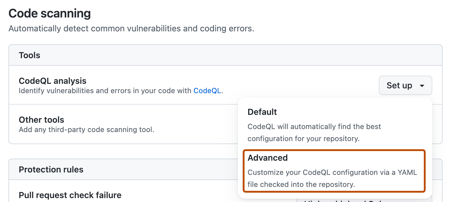 Screenshot of the "Code Security" section of "Advanced Security" settings. The "Advanced setup" button is highlighted with an orange outline.
