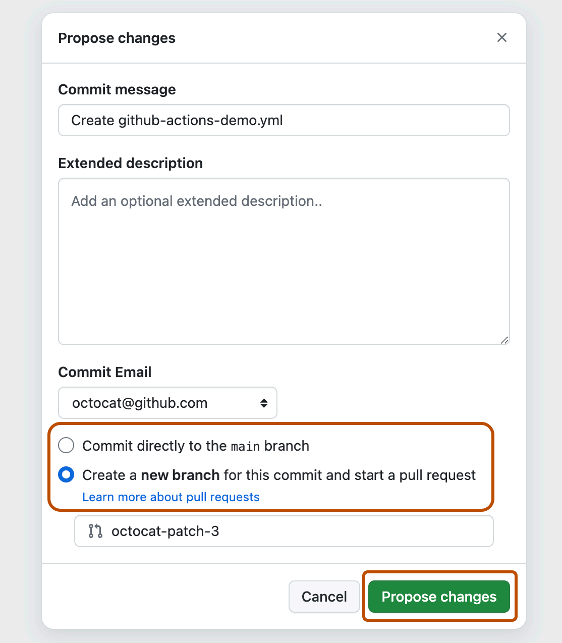 Capture d’écran de la boîte de dialogue « Proposer des modifications » avec les zones mentionnées surlignées avec un contour orange.