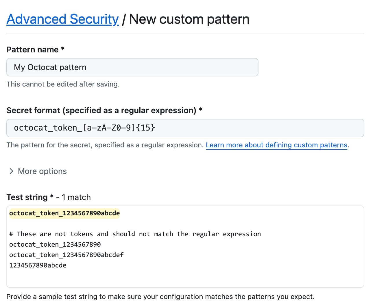 Captura de tela do formulário padrão personalizado preenchido de secret scanning.